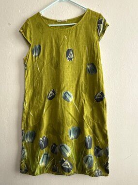 AYASOFYA OTANTIK Women's Italian Oil Green Tulip Short Sleeve Midi Linen Dress L